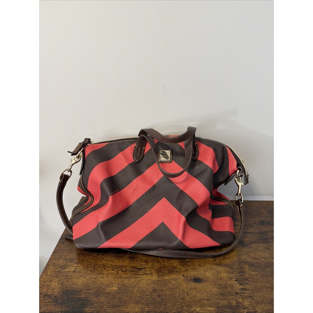 Dooney & Bourke "Bailey" Tote Bag Red/Brown Chevron Stripes w/Gold Hardware
